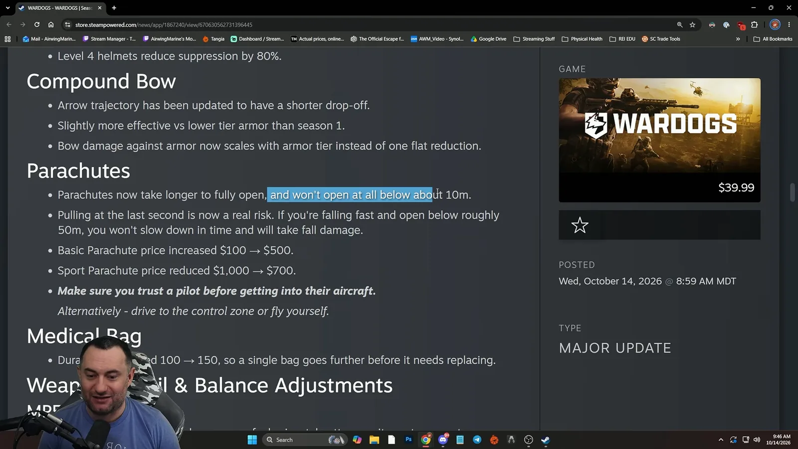 WARDOGS Season 2 patch notes on parachute opening height, prices and compound bow changes