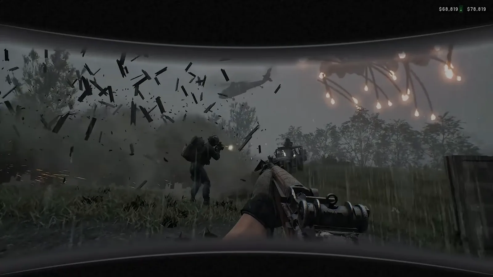 Rainstorm with a helicopter dropping flares in WARDOGS Season 2 weather
