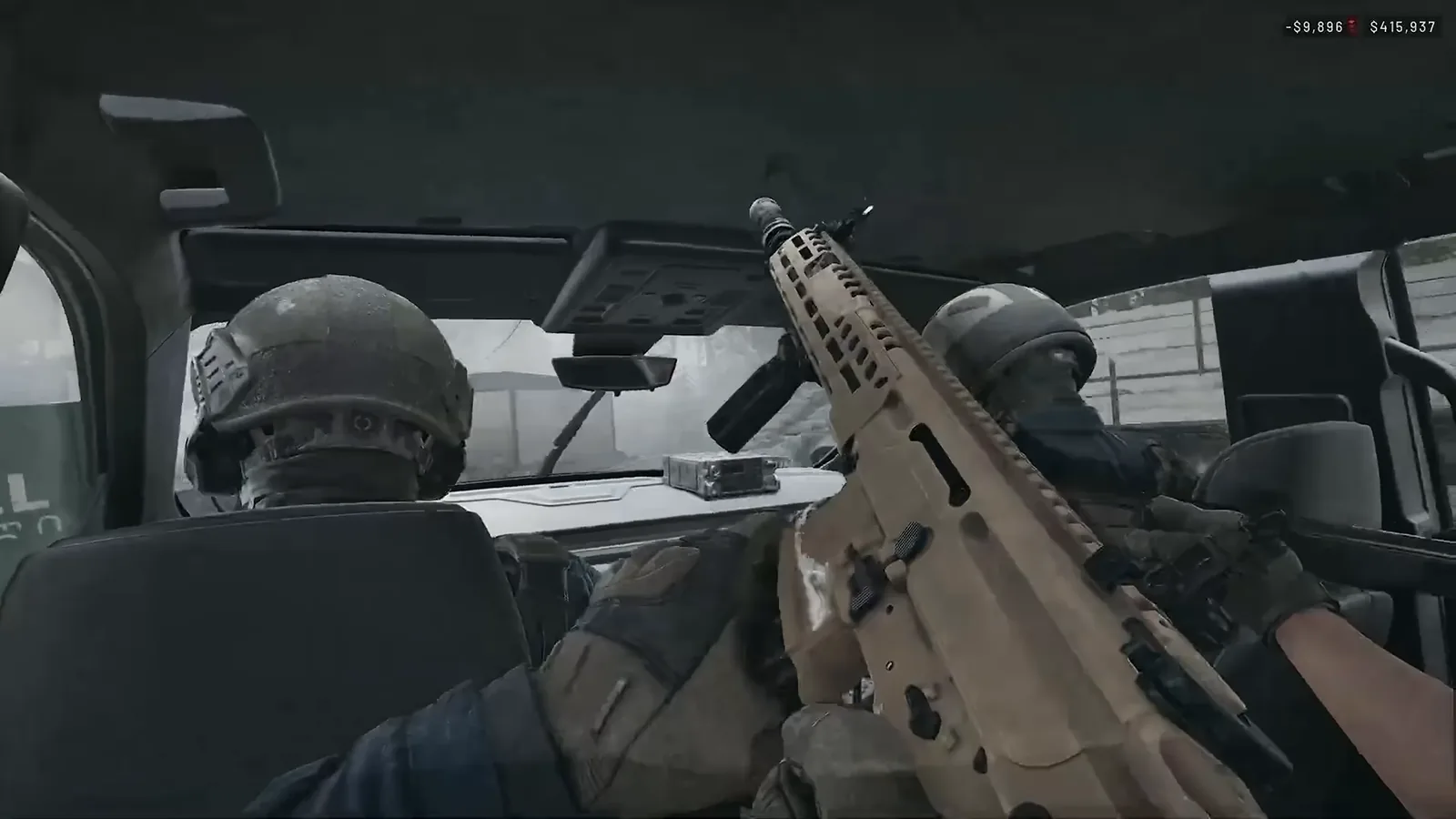 Tan assault rifle held inside a vehicle in rain in WARDOGS Season 2 footage