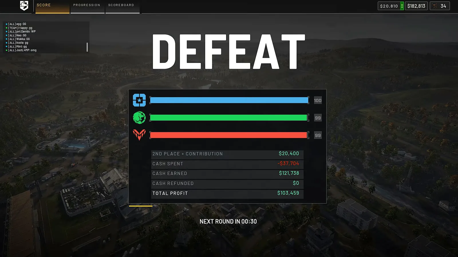 WARDOGS end-of-match defeat screen listing cash spent, cash earned and total profit
