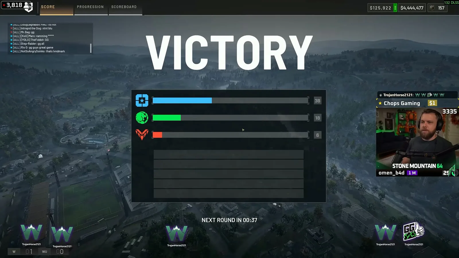 WARDOGS victory screen showing the three team score bars at the end of a match
