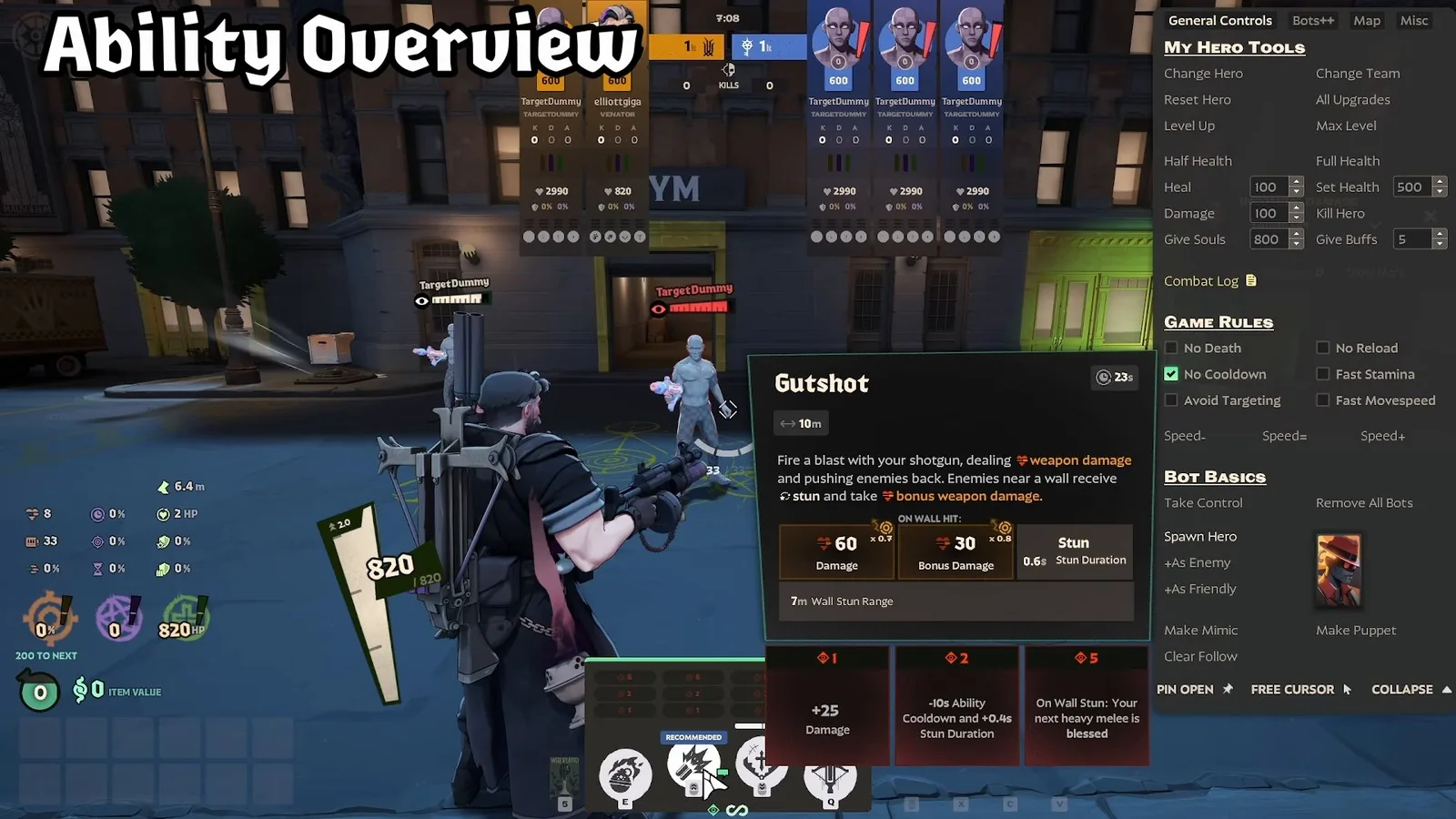 Venator Gutshot tooltip in Deadlock with 60 damage, 30 wall bonus damage and 0.6s wall stun