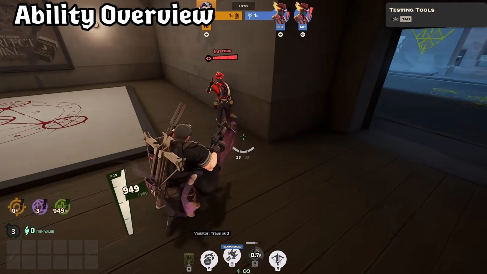 Venator kicking a Hex-Lined Snap Trap into a corner next to an Infernus target dummy