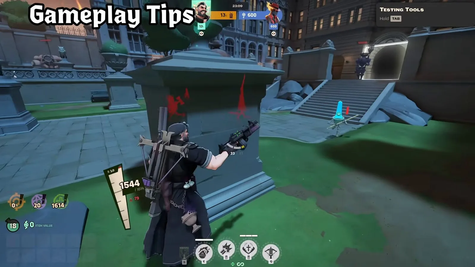 Venator with his 51:20 SMG behind stone cover in a City Never Sleeps park area, Deadlock