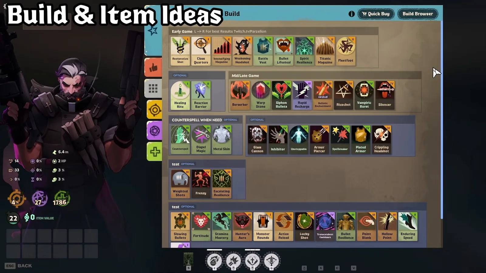 Parzelion's Venator build in the Deadlock build browser with early, mid/late and optional item rows