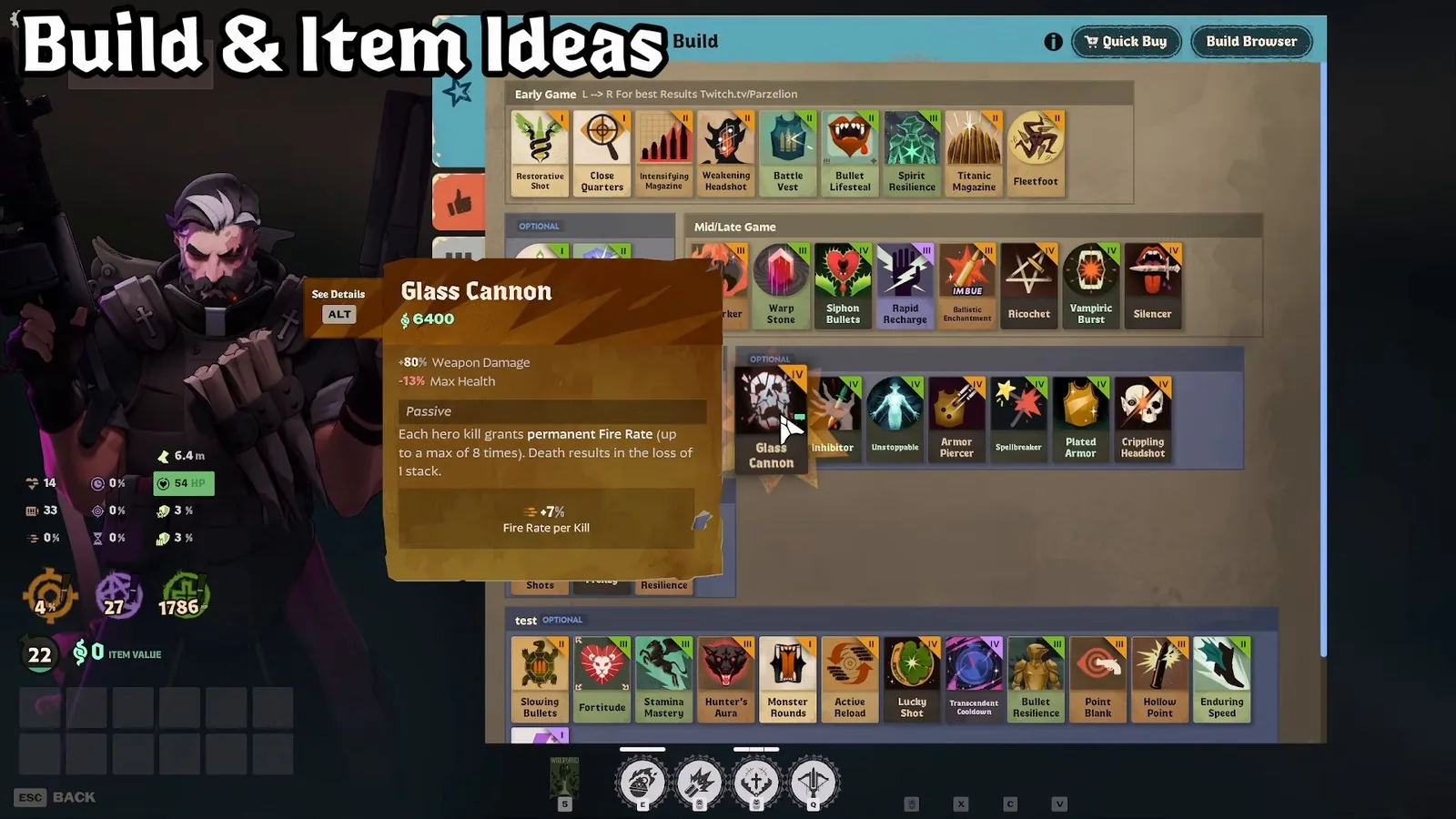 Glass Cannon tooltip in the Venator build browser showing +80% weapon damage and -13% max health