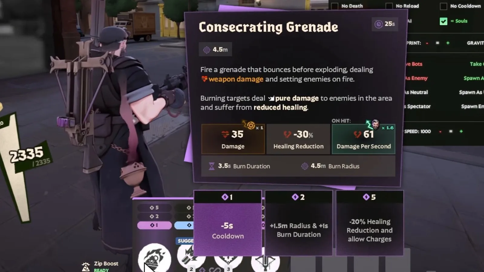 Venator Consecrating Grenade tooltip showing 35 damage, -30% healing, 3.5s burn and its three upgrades