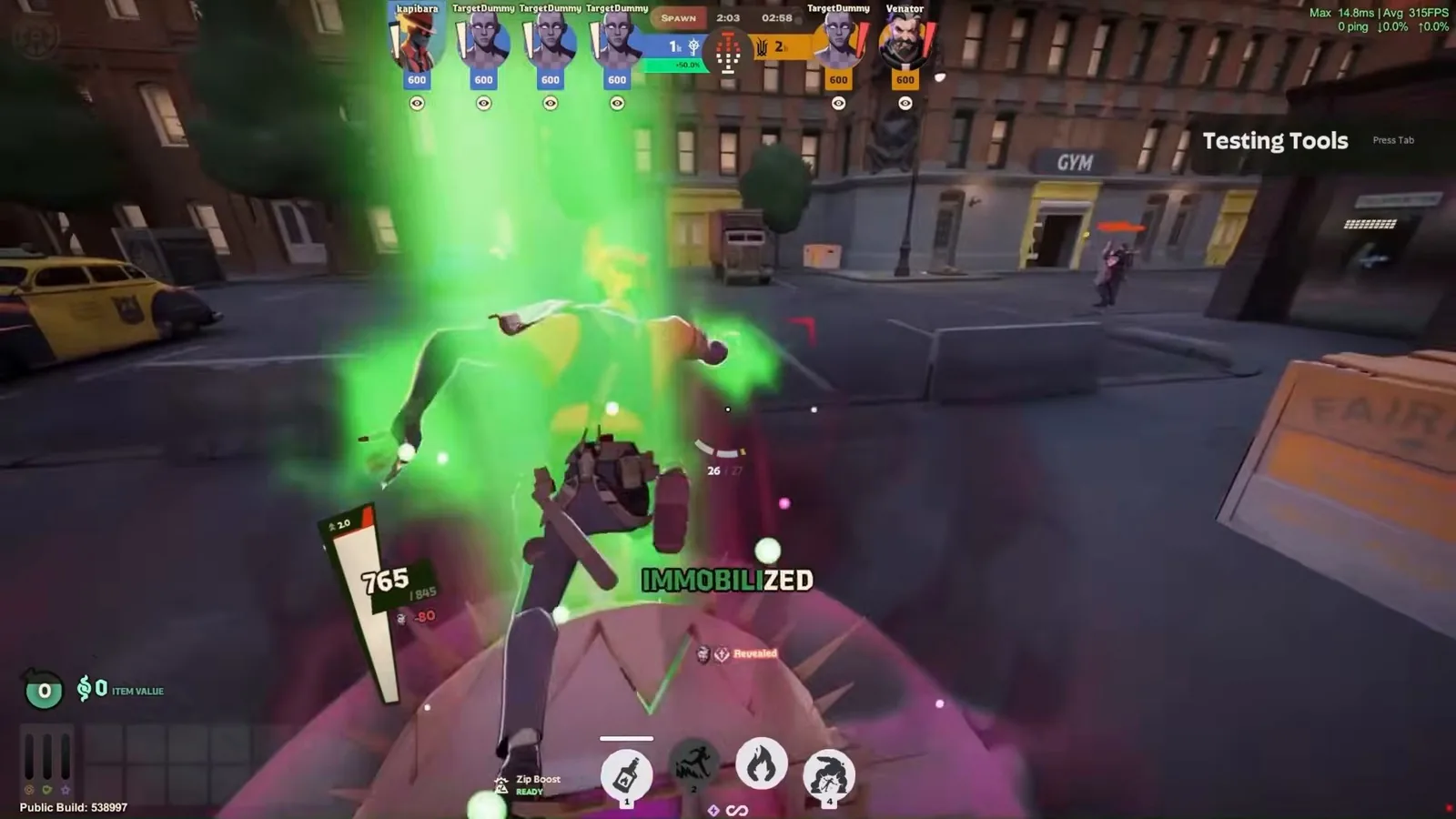 Enemy hero immobilized by Venator's Hex-Lined Snap Trap in the Deadlock sandbox