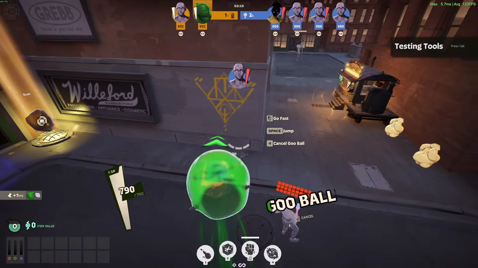 Viscous rolling as Goo Ball in the Deadlock sandbox with the Goo Ball controls on screen