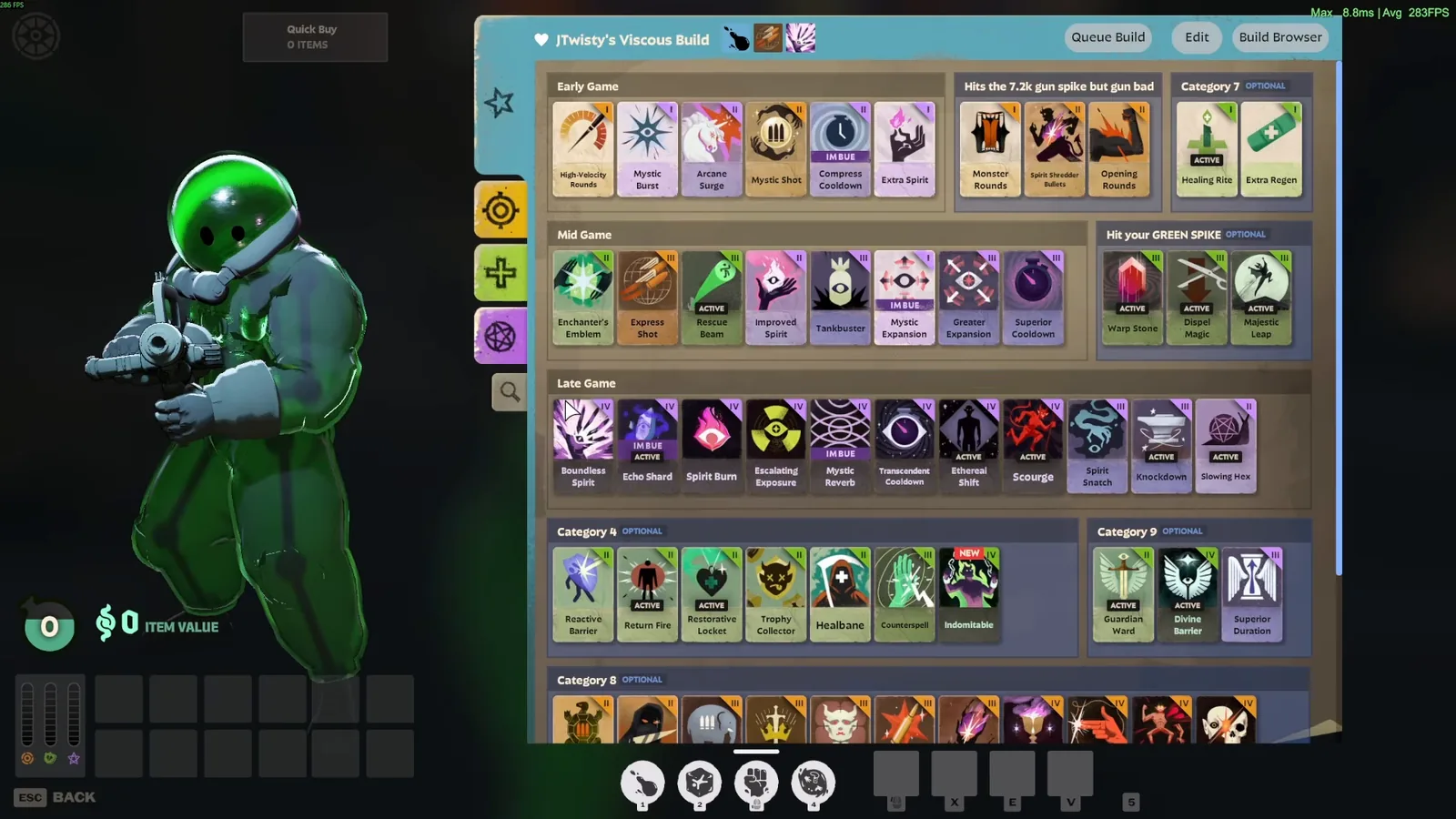 JTwisty's Viscous item build page in Deadlock, sorted into early, mid and late game items