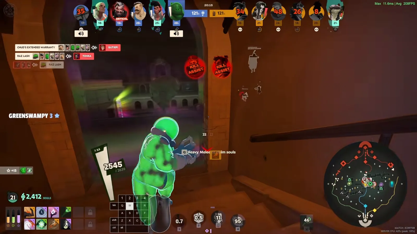 Viscous scoring a kill and assist with a heavy melee prompt during a Deadlock fight