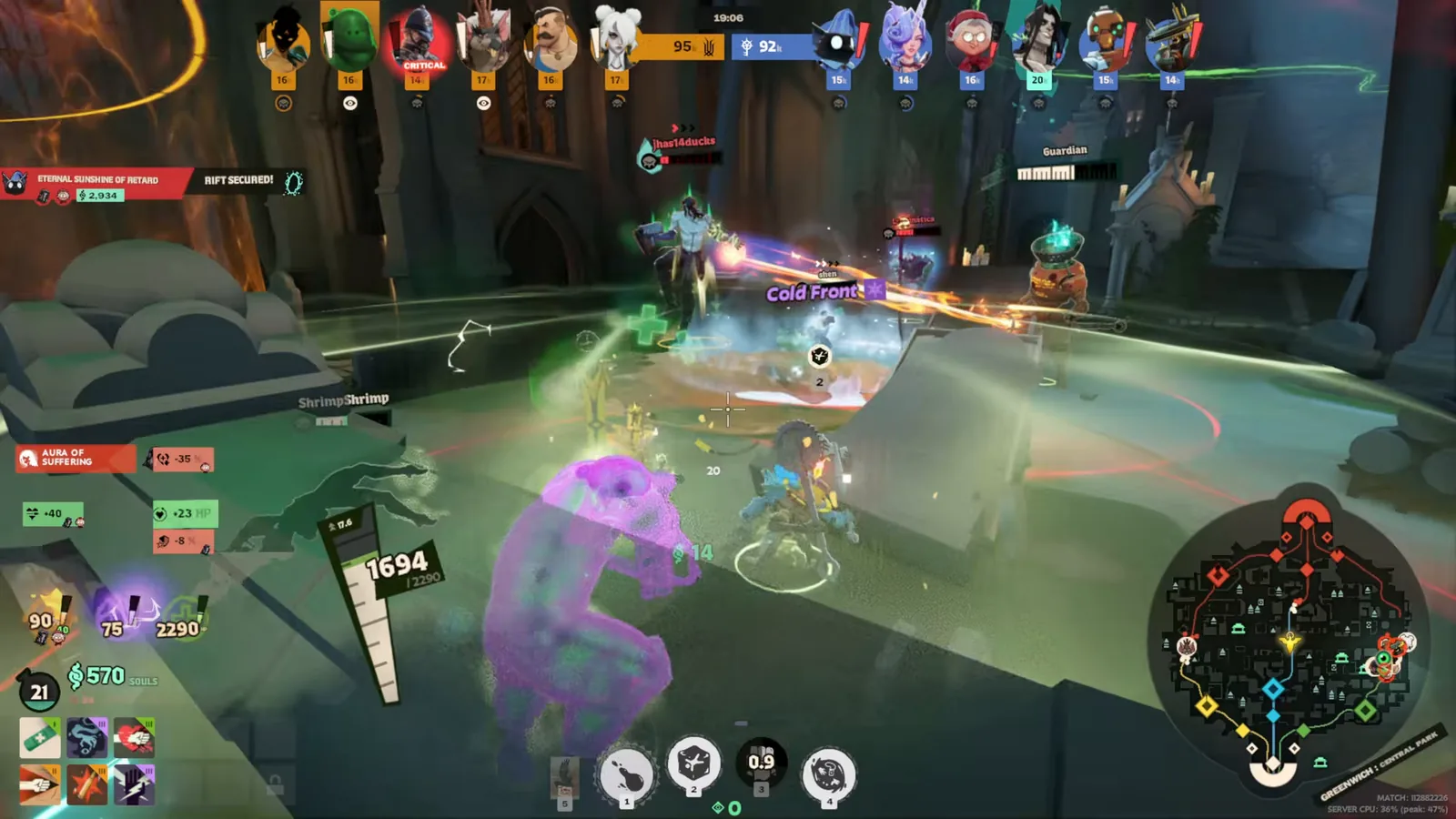 Viscous in a large Deadlock teamfight near the Mid-Boss pit with spirit effects everywhere