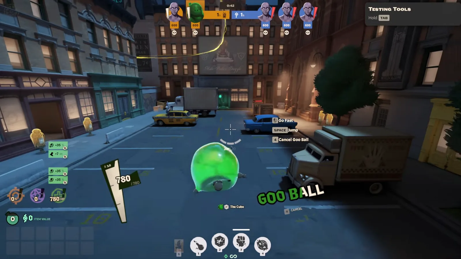 Viscous in Goo Ball form on a Deadlock street with Cube and Goo Ball hints on screen