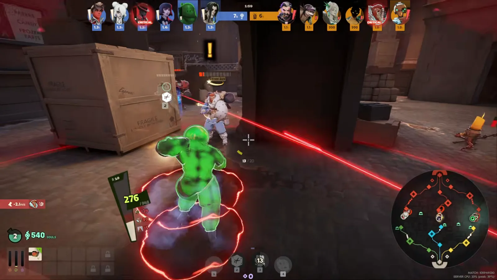 Viscous under fire from an enemy hero's laser in a Deadlock lane after City Never Sleeps