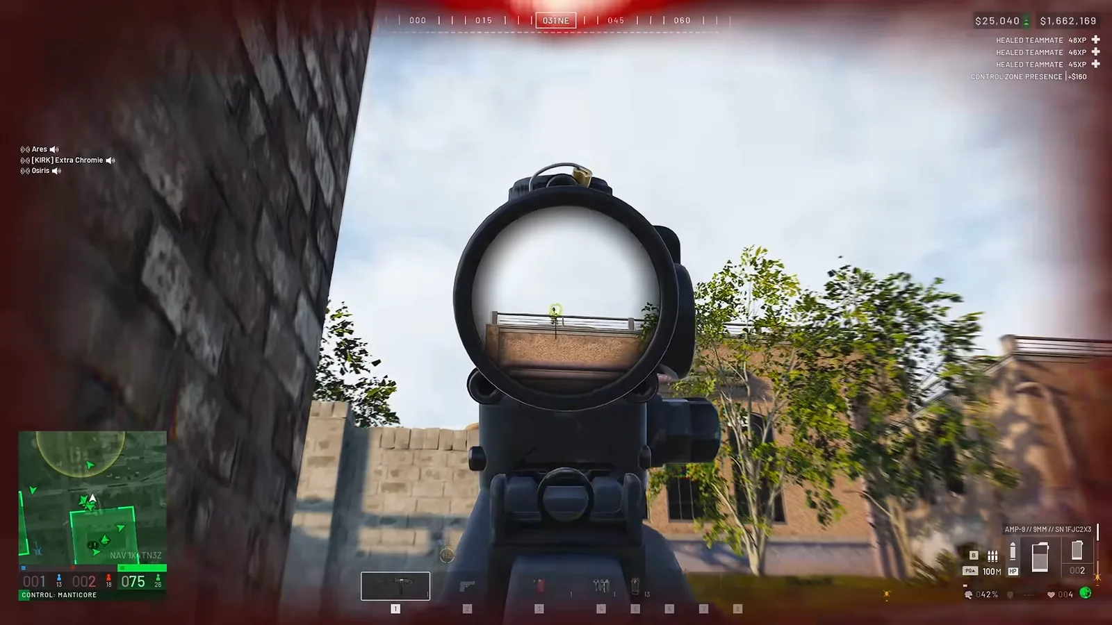 WARDOGS player aiming at an enemy tower from inside the hot zone with cash shown top right