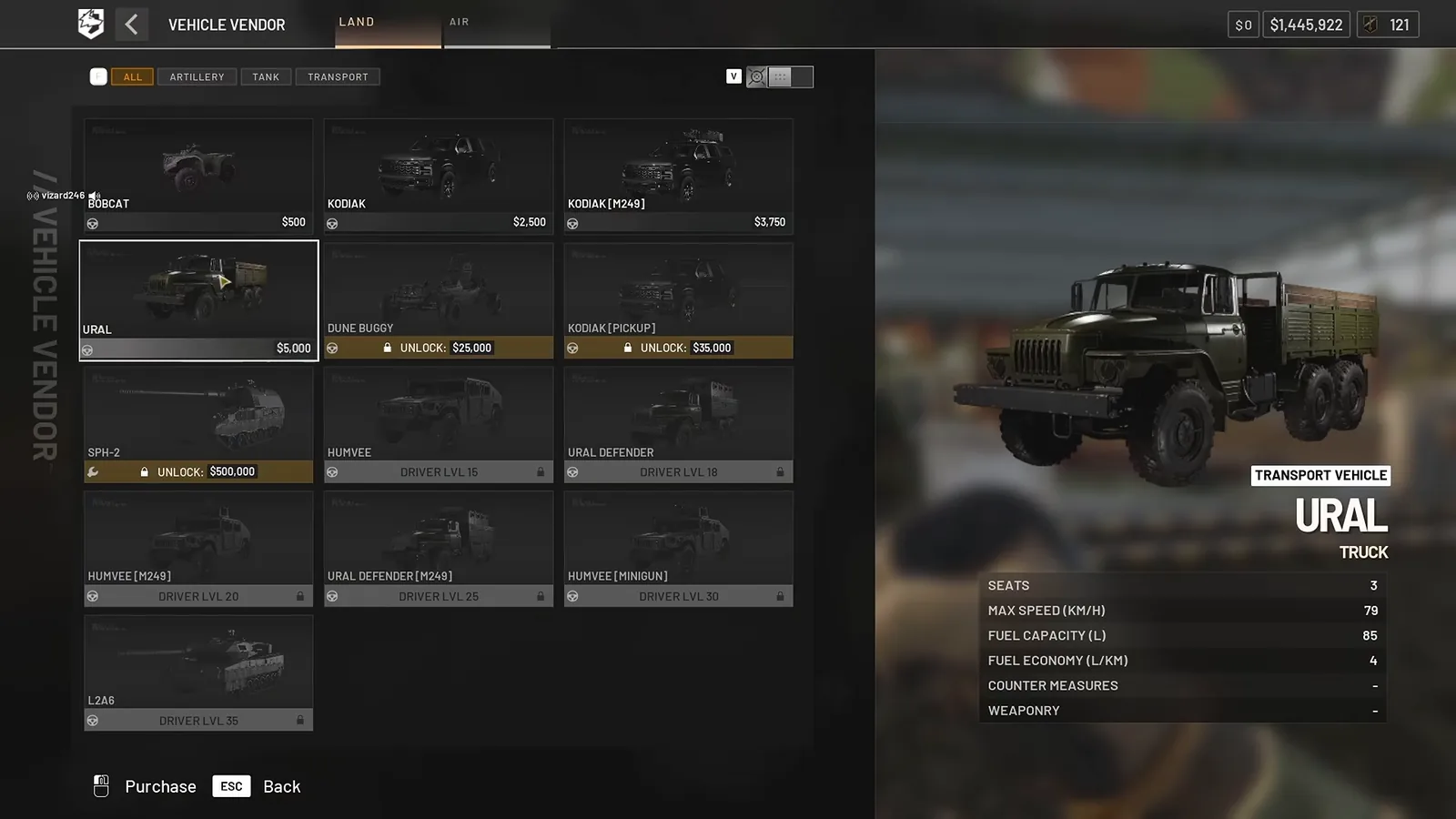 WARDOGS vehicle vendor showing the Ural truck for 5,000 dollars and locked vehicles