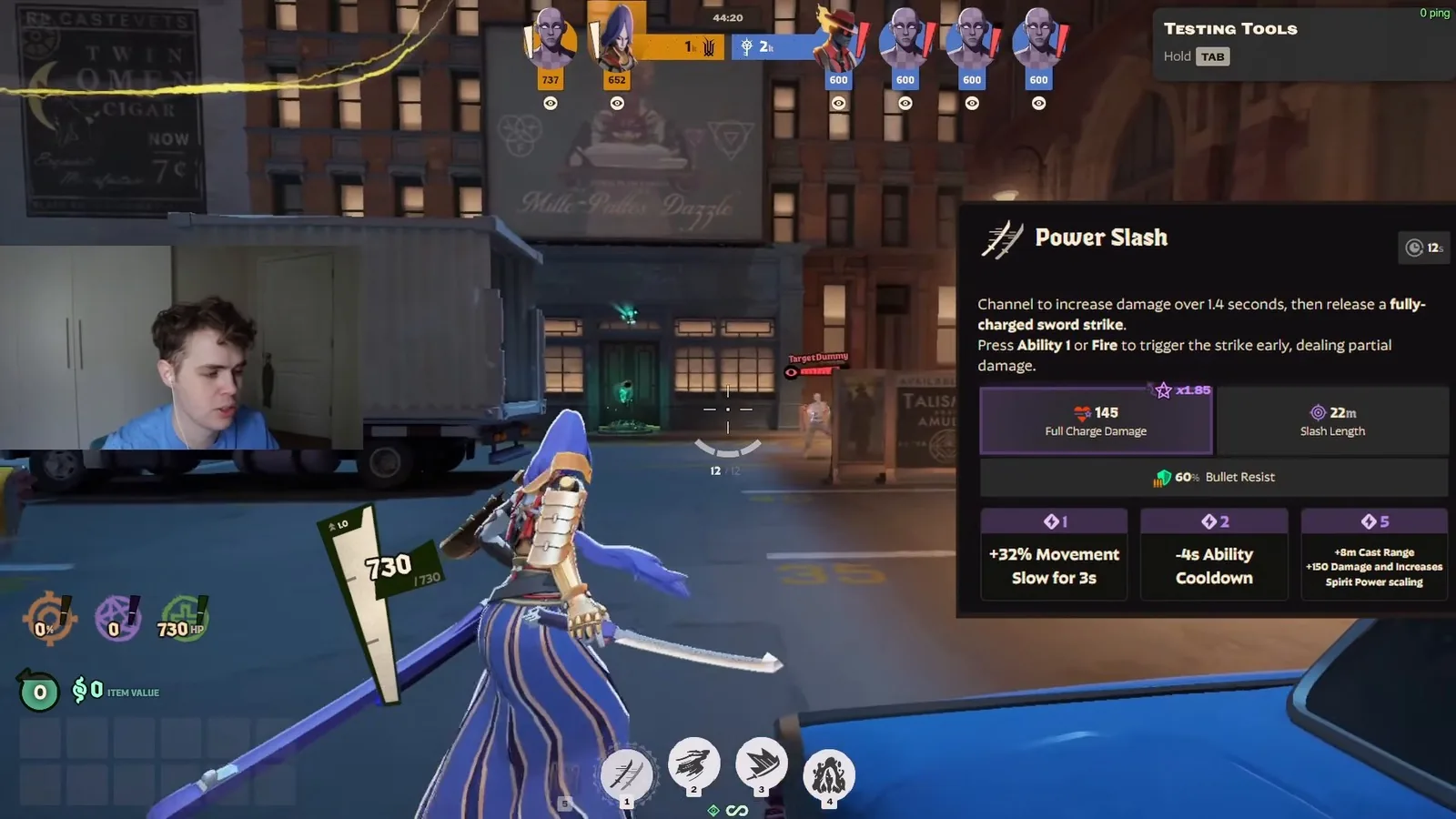 Yamato Power Slash tooltip showing 145 full charge damage and 22 m slash length