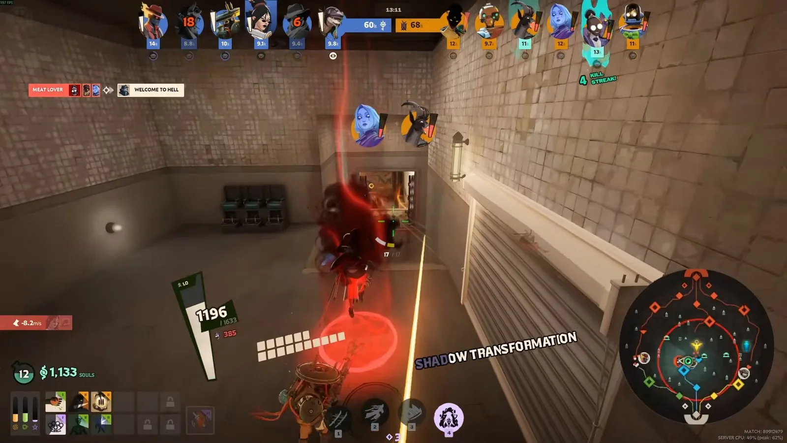 Yamato pressing Shadow Transformation in a corridor fight